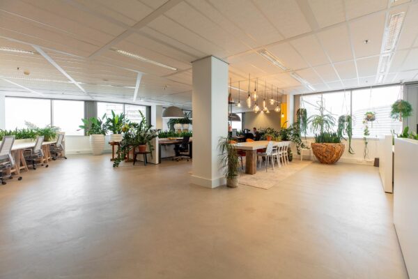 Modern kantoorinterieur aan de Vliegend Hertlaan met veel groen, grote ramen en een combinatie van werk- en vergaderruimtes.
